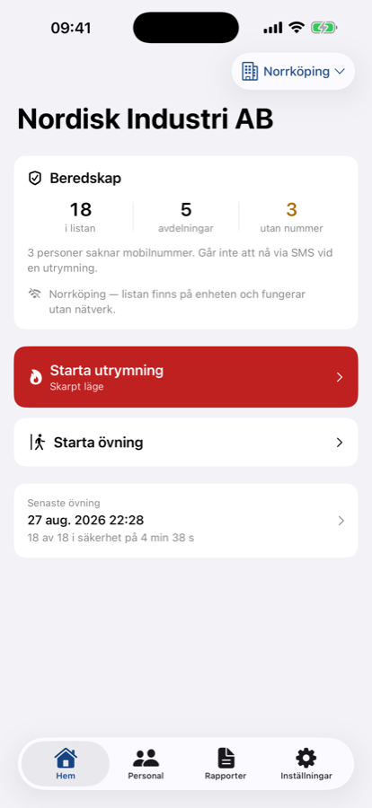 Startsidan med beredskapsläge